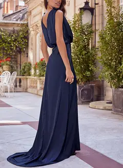 A-Line/Princess V-Neck Sleeveless Floor-Length Bridesmaid Dresses with Ruched — view 2