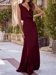 A-Line/Princess V-Neck Sleeveless Floor-Length Bridesmaid Dresses with Ruched — view 9