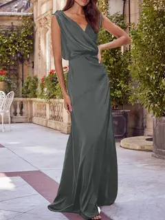 A-Line/Princess V-Neck Sleeveless Floor-Length Bridesmaid Dresses with Ruched — view 12