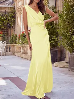 A-Line/Princess V-Neck Sleeveless Floor-Length Bridesmaid Dresses with Ruched — view 14