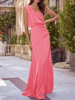 A-Line/Princess V-Neck Sleeveless Floor-Length Bridesmaid Dresses with Ruched — view 30