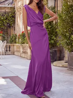 A-Line/Princess V-Neck Sleeveless Floor-Length Bridesmaid Dresses with Ruched — view 36