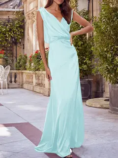 A-Line/Princess V-Neck Sleeveless Floor-Length Bridesmaid Dresses with Ruched — view 42