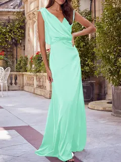 A-Line/Princess V-Neck Sleeveless Floor-Length Bridesmaid Dresses with Ruched — view 43