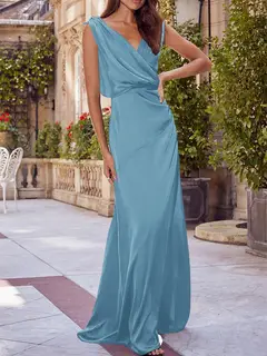 A-Line/Princess V-Neck Sleeveless Floor-Length Bridesmaid Dresses with Ruched — view 44