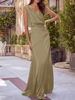 A-Line/Princess V-Neck Sleeveless Floor-Length Bridesmaid Dresses with Ruched — view 45