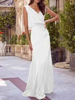 A-Line/Princess V-Neck Sleeveless Floor-Length Bridesmaid Dresses with Ruched — view 47