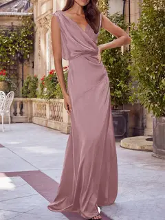A-Line/Princess V-Neck Sleeveless Floor-Length Bridesmaid Dresses with Ruched — view 48