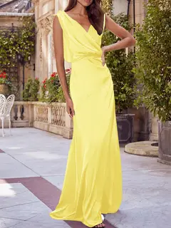 A-Line/Princess V-Neck Sleeveless Floor-Length Bridesmaid Dresses with Ruched — view 49