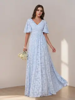 A-Line/Princess V-Neck Short Sleeves Floor-Length Long Bridesmaid Dresses with Ruffles — view 1