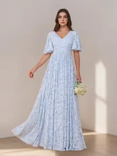 A-Line/Princess V-Neck Short Sleeves Floor-Length Long Bridesmaid Dresses with Ruffles — view 2