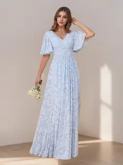 A-Line/Princess V-Neck Short Sleeves Floor-Length Long Bridesmaid Dresses with Ruffles — view 3