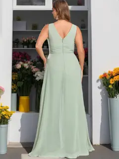 Pantsuit/Jumpsuit V-Neck Sleeveless Unique Chiffon Floor-Length Plus Size Bridesmaid Dresses with Ruffles — view 2