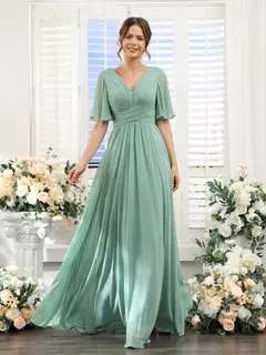 A-Line/Princess V-Neck Half Sleeves Chiffon Bridesmaid Dresses With Pockets & Split Side — view 2