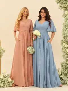 A-Line/Princess V-Neck Half Sleeves Chiffon Bridesmaid Dresses With Pockets & Split Side — view 4