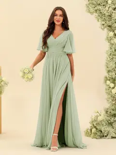 A-Line/Princess V-Neck Half Sleeves Chiffon Bridesmaid Dresses With Pockets & Split Side — view 9