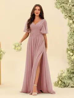 A-Line/Princess V-Neck Half Sleeves Chiffon Bridesmaid Dresses With Pockets & Split Side — view 10