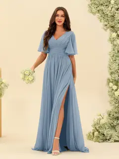 A-Line/Princess V-Neck Half Sleeves Chiffon Bridesmaid Dresses With Pockets & Split Side — view 11