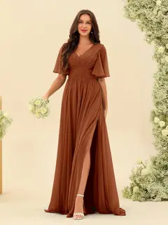 A-Line/Princess V-Neck Half Sleeves Chiffon Bridesmaid Dresses With Pockets & Split Side — view 12