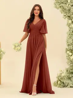 A-Line/Princess V-Neck Half Sleeves Chiffon Bridesmaid Dresses With Pockets & Split Side — view 15