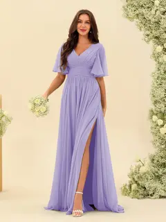 A-Line/Princess V-Neck Half Sleeves Chiffon Bridesmaid Dresses With Pockets & Split Side — view 16