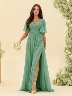 A-Line/Princess V-Neck Half Sleeves Chiffon Bridesmaid Dresses With Pockets & Split Side — view 19