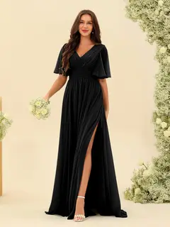 A-Line/Princess V-Neck Half Sleeves Chiffon Bridesmaid Dresses With Pockets & Split Side — view 20
