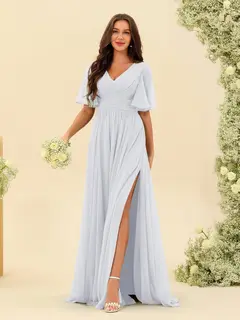 A-Line/Princess V-Neck Half Sleeves Chiffon Bridesmaid Dresses With Pockets & Split Side — view 21