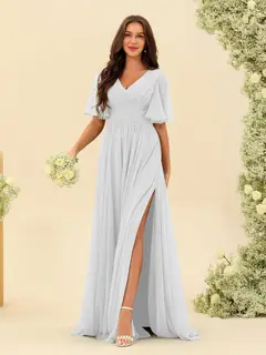 A-Line/Princess V-Neck Half Sleeves Chiffon Bridesmaid Dresses With Pockets & Split Side — view 22