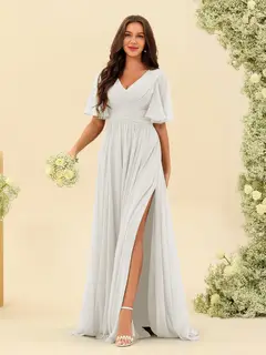 A-Line/Princess V-Neck Half Sleeves Chiffon Bridesmaid Dresses With Pockets & Split Side — view 23