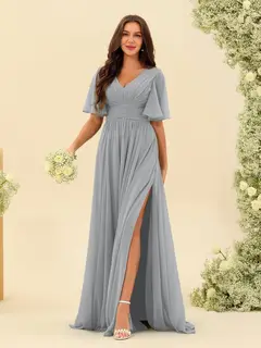 A-Line/Princess V-Neck Half Sleeves Chiffon Bridesmaid Dresses With Pockets & Split Side — view 24