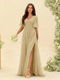 A-Line/Princess V-Neck Half Sleeves Chiffon Bridesmaid Dresses With Pockets & Split Side — view 26