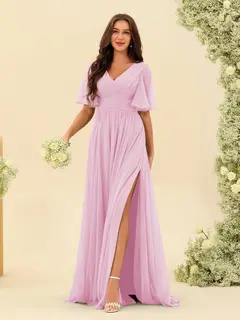 A-Line/Princess V-Neck Half Sleeves Chiffon Bridesmaid Dresses With Pockets & Split Side — view 27