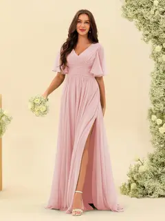 A-Line/Princess V-Neck Half Sleeves Chiffon Bridesmaid Dresses With Pockets & Split Side — view 28