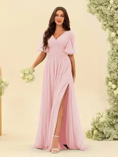 A-Line/Princess V-Neck Half Sleeves Chiffon Bridesmaid Dresses With Pockets & Split Side — view 29