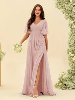 A-Line/Princess V-Neck Half Sleeves Chiffon Bridesmaid Dresses With Pockets & Split Side — view 30