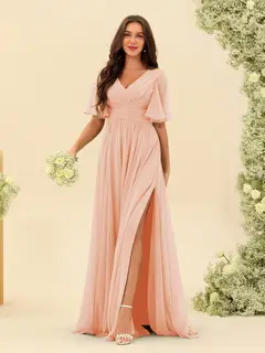 A-Line/Princess V-Neck Half Sleeves Chiffon Bridesmaid Dresses With Pockets & Split Side — view 31