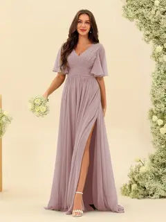 A-Line/Princess V-Neck Half Sleeves Chiffon Bridesmaid Dresses With Pockets & Split Side — view 32