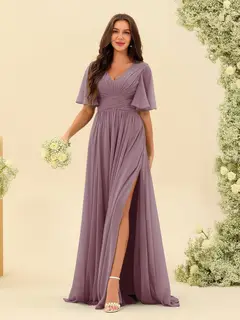 A-Line/Princess V-Neck Half Sleeves Chiffon Bridesmaid Dresses With Pockets & Split Side — view 33