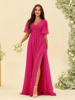 A-Line/Princess V-Neck Half Sleeves Chiffon Bridesmaid Dresses With Pockets & Split Side — view 35