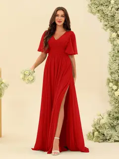 A-Line/Princess V-Neck Half Sleeves Chiffon Bridesmaid Dresses With Pockets & Split Side — view 38