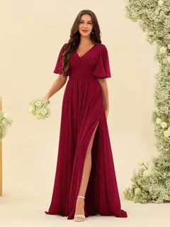 A-Line/Princess V-Neck Half Sleeves Chiffon Bridesmaid Dresses With Pockets & Split Side — view 39