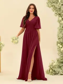 A-Line/Princess V-Neck Half Sleeves Chiffon Bridesmaid Dresses With Pockets & Split Side — view 40