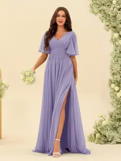A-Line/Princess V-Neck Half Sleeves Chiffon Bridesmaid Dresses With Pockets & Split Side — view 41