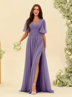 A-Line/Princess V-Neck Half Sleeves Chiffon Bridesmaid Dresses With Pockets & Split Side — view 42