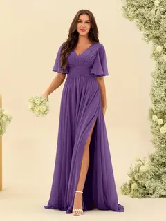 A-Line/Princess V-Neck Half Sleeves Chiffon Bridesmaid Dresses With Pockets & Split Side — view 44
