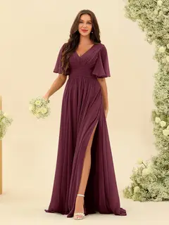 A-Line/Princess V-Neck Half Sleeves Chiffon Bridesmaid Dresses With Pockets & Split Side — view 45
