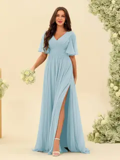 A-Line/Princess V-Neck Half Sleeves Chiffon Bridesmaid Dresses With Pockets & Split Side — view 48