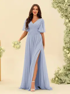 A-Line/Princess V-Neck Half Sleeves Chiffon Bridesmaid Dresses With Pockets & Split Side — view 49
