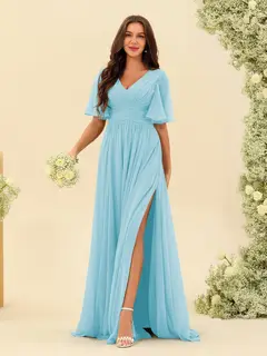A-Line/Princess V-Neck Half Sleeves Chiffon Bridesmaid Dresses With Pockets & Split Side — view 50